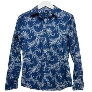 Chaps Women Button Up Shirt-Size S-Blue White Paisley Floral No Iron Long Sleeve